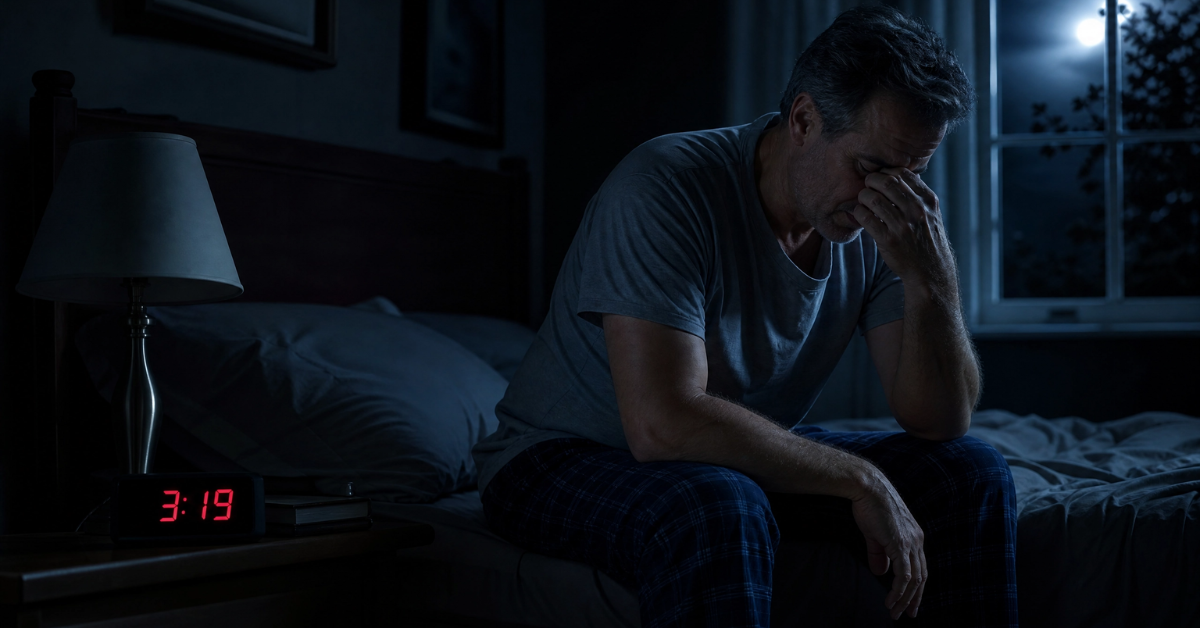man waking up at night due to prostate problems sitting on bed at 3am