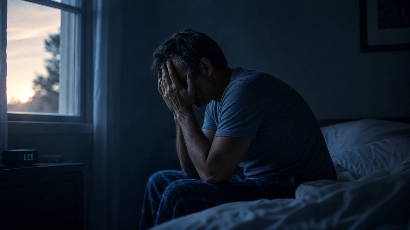 A tired middle-aged man in his 40s sitting on the edge of a bed at dawn, head in hands, in a dark bedroom with soft blue light coming through the window.