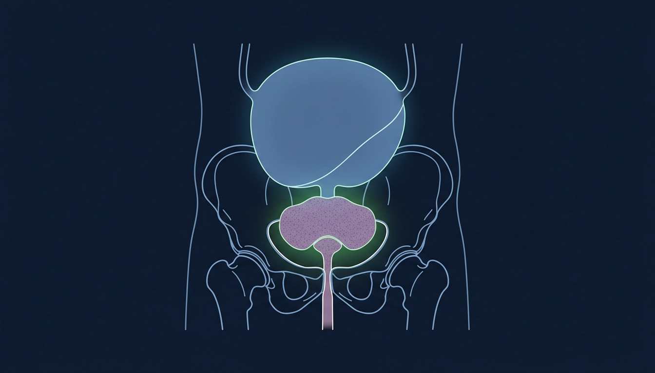 Professional medical illustration showing the prostate gland location below the bladder in male anatomy, clean infographic style for men's health awareness.