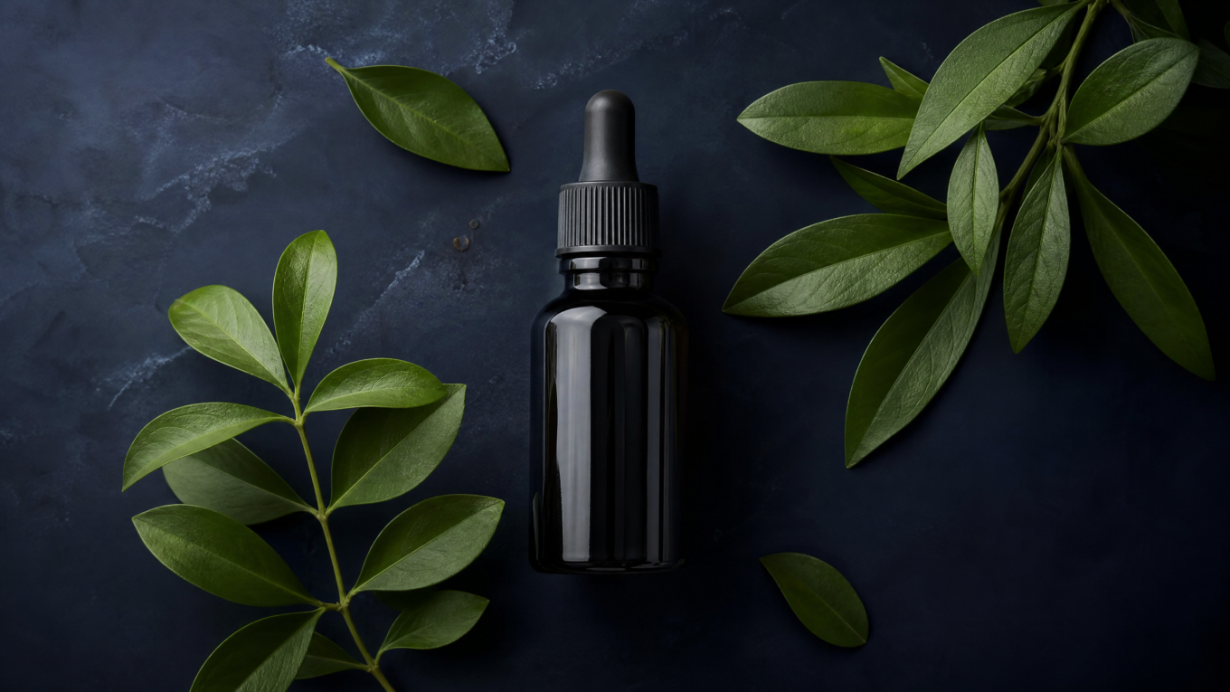 Fotografia profissional de produto mostrando um frasco conta-gotas escuro sobre uma superfície azul-marinho, rodeado por folhas botânicas verdes com iluminação suave e dramática de cima, em um estilo limpo de suplemento de saúde.