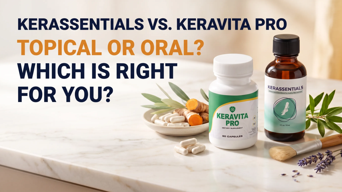 Kerassentials oil bottle next to Keravita Pro capsules, side-by-side comparison